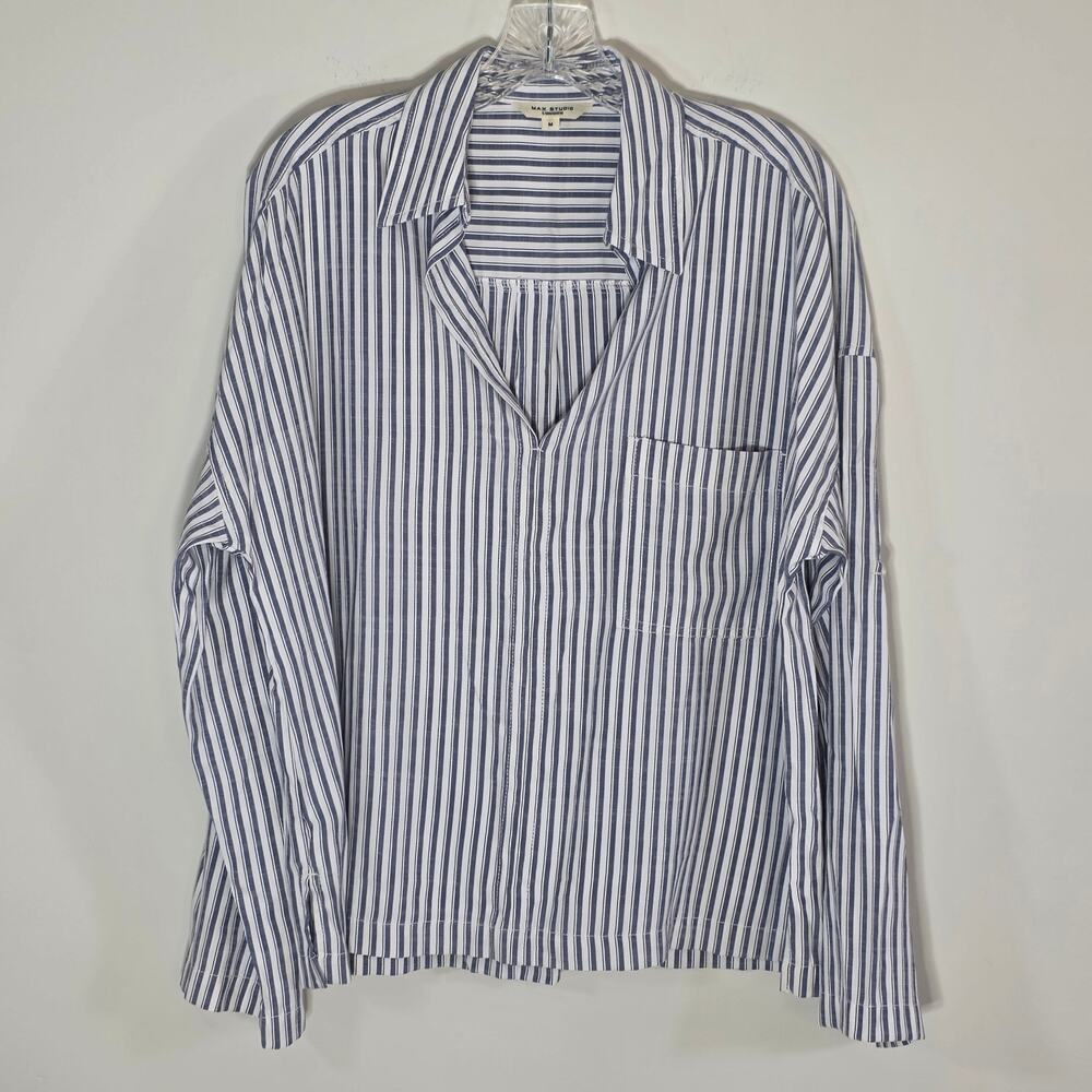 Max Studio Womens Striped Button Up Top Medium Blue White Roll Tab Sleeve